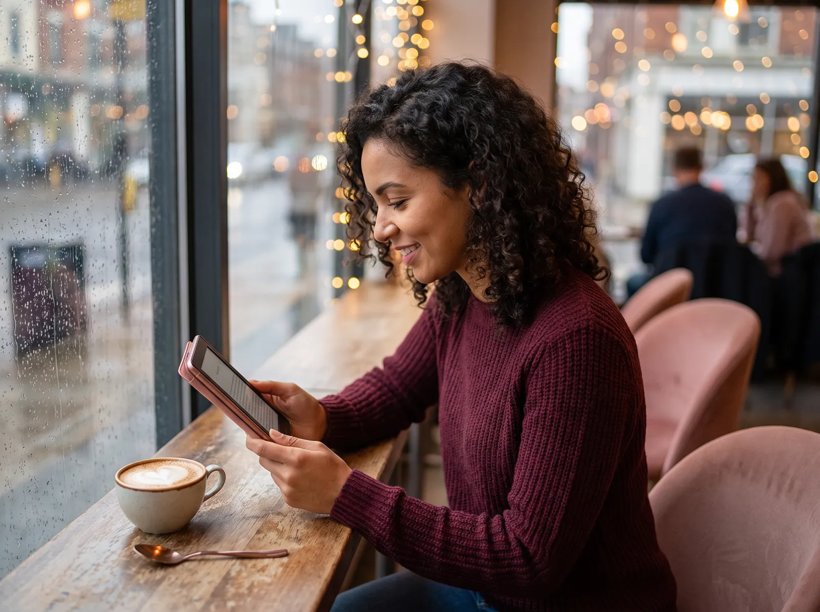Mulher sorrindo enquanto lê num leitor digital na janela de um café