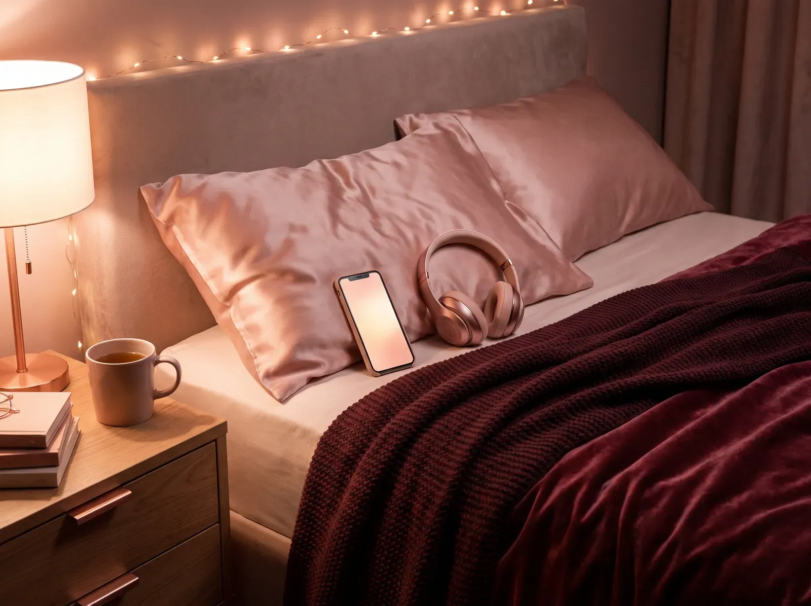 Cama com lençóis cor de vinho, celular e fones ao lado de um abajur aceso